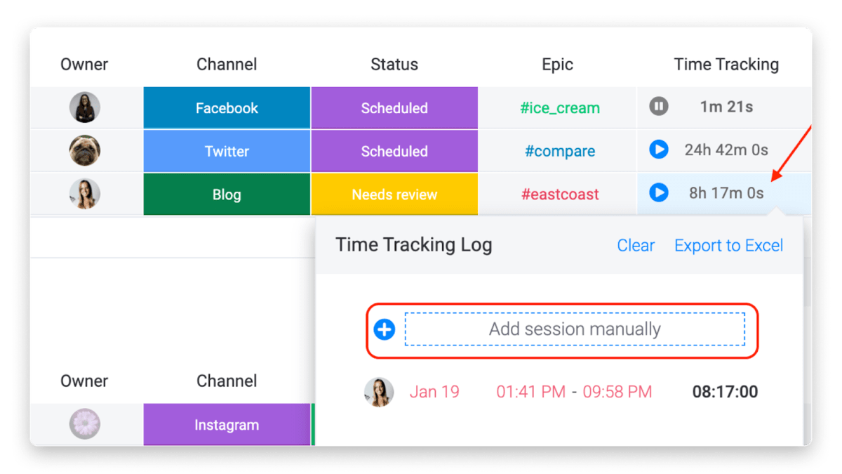 monday.com time tracking Image of monday.com's time tracking column, which includes the ability to add sessions manually