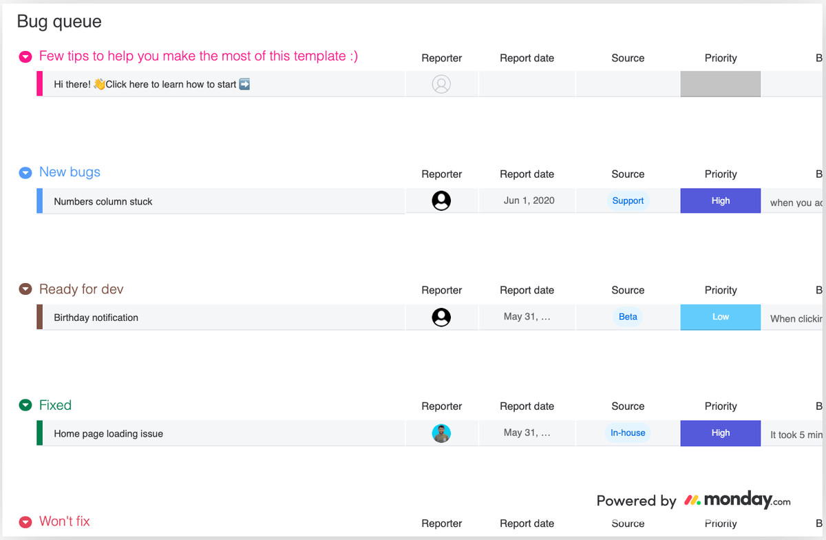 Tracking bugs in a monday.com bug queue board